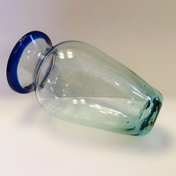 Green Tint Cobalt Blue Rim Bubbled Blown Art Glass Bud Vase - Picture 4 of 16